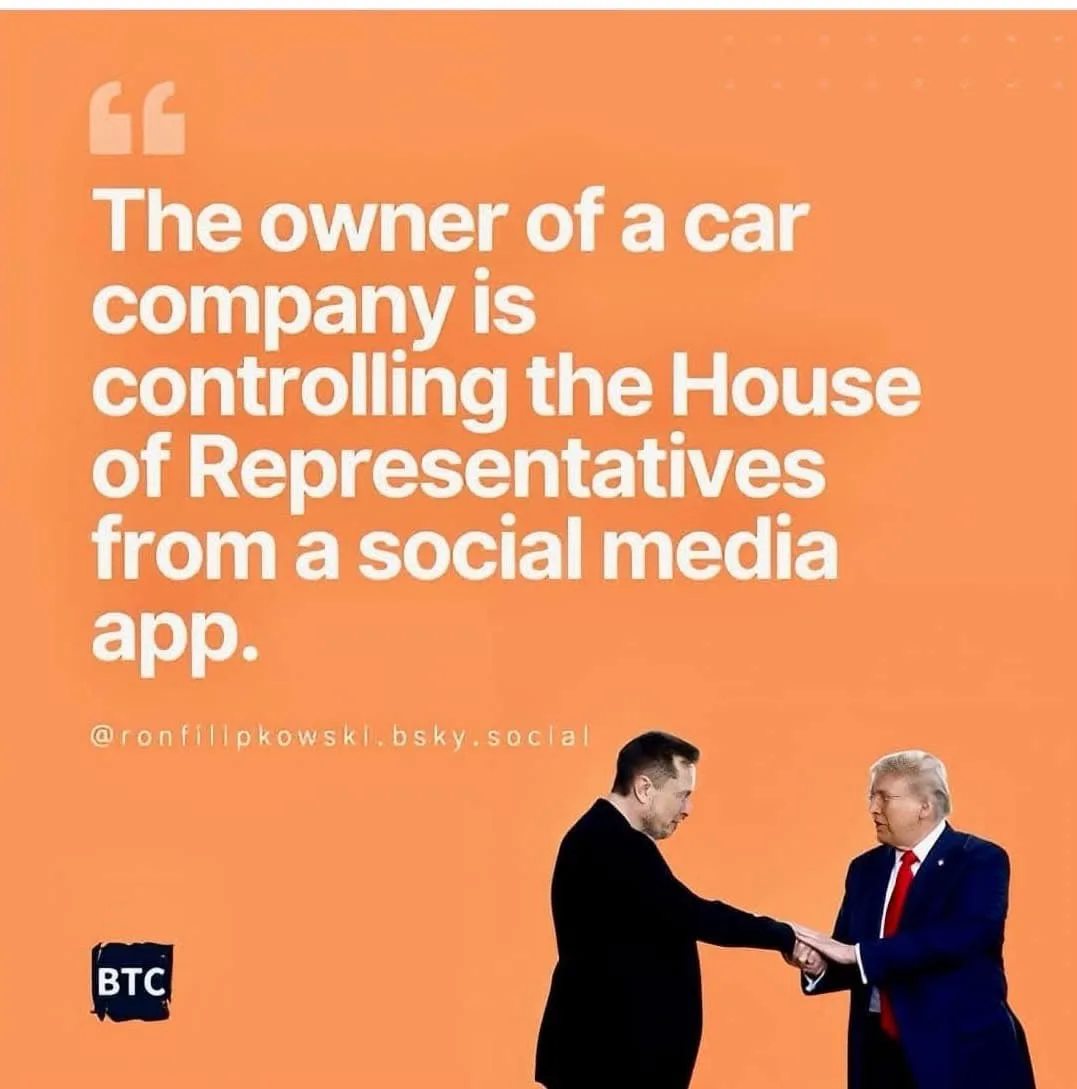 Two men, identified as Elon Musk and Donald Trump, are shown shaking hands against an orange background. Large white text…