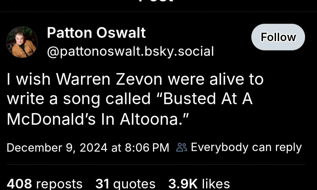A screenshot of a post by Patton Oswalt on Bluesky, showing his profile picture, handle, and the text: 'I wish Warren Zevon…
