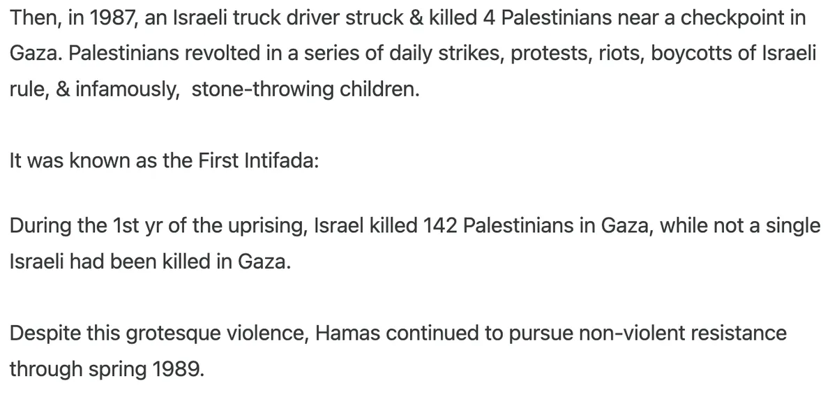 The image is a plain white background with black text describing the First Intifada, noting an Israeli truck driver killed 4…