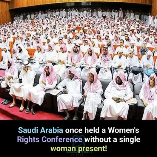 A large audience of men in traditional Saudi attire fills a conference hall. The overlaid text reads: 'Saudi Arabia once…