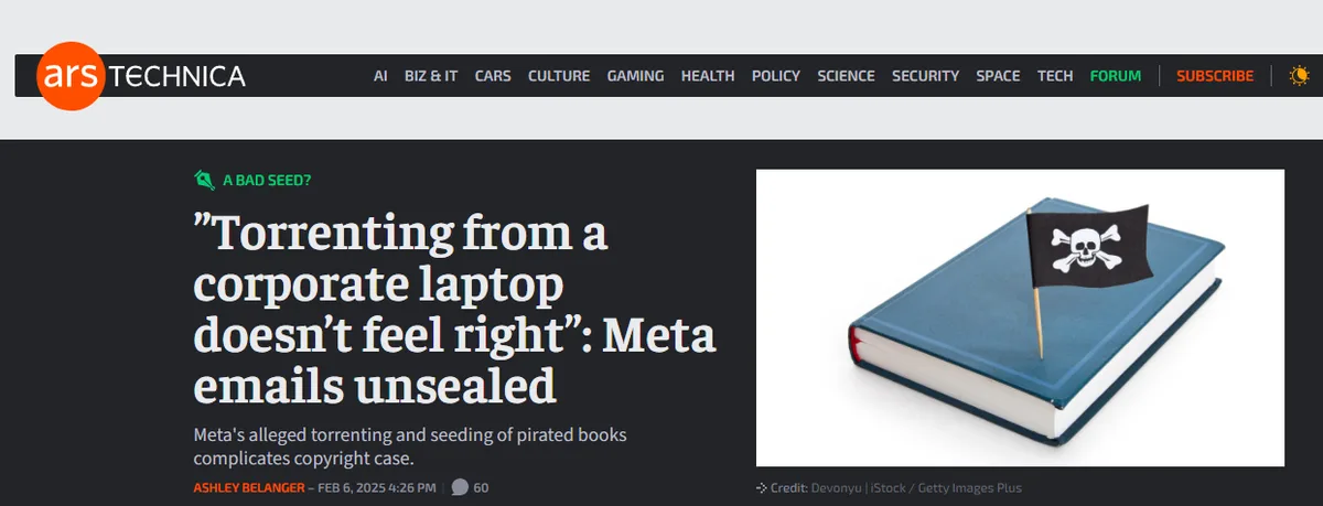 An Ars Technica article screenshot shows a headline about Meta allegedly torrenting pirated books. The accompanying image is…