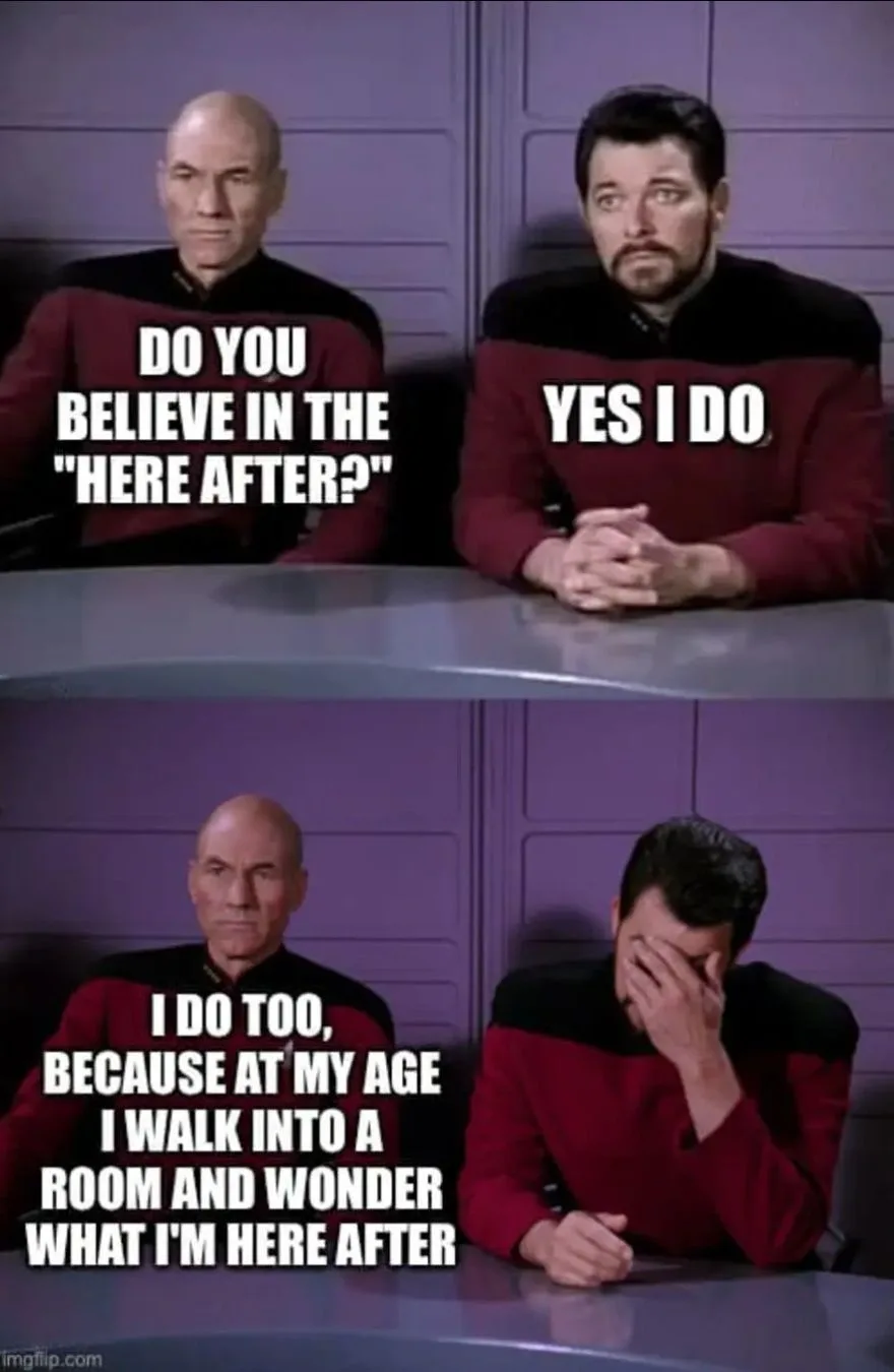 Two men in Starfleet uniforms sit at a table in a purple-walled room. In the top panel, the man on the left asks, "DO YOU…