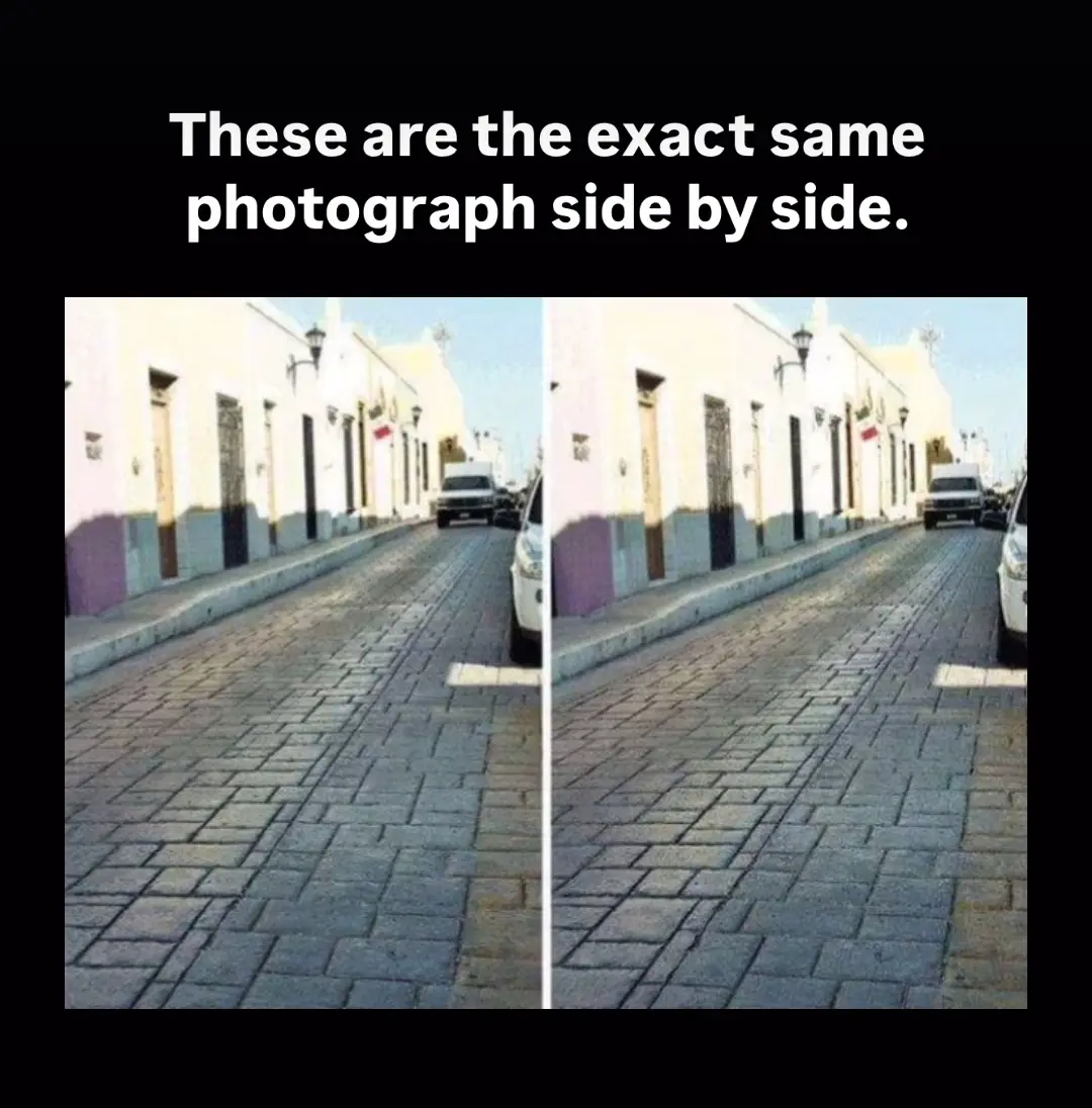 The image displays two identical photographs placed side by side, showing a cobblestone street with buildings on the left…