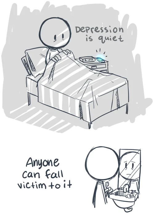 A stick figure in bed at 2:00 AM, with text saying 'Depression is quiet,' above a second panel showing the same figure…