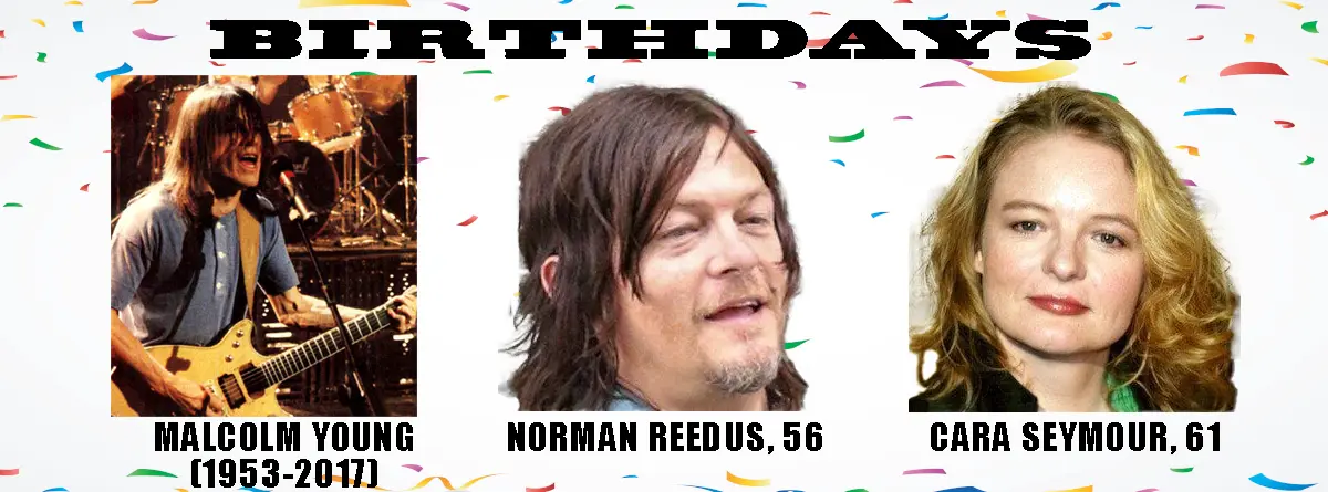 A celebratory birthday meme with confetti background and three headshots: Malcolm Young playing guitar, Norman Reedus…