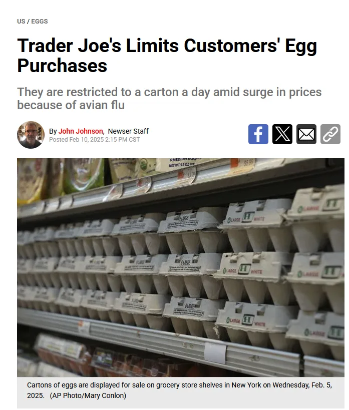 A news article screenshot shows a grocery store shelf stocked with cartons of eggs, with the headline 'Trader Joe's Limits…