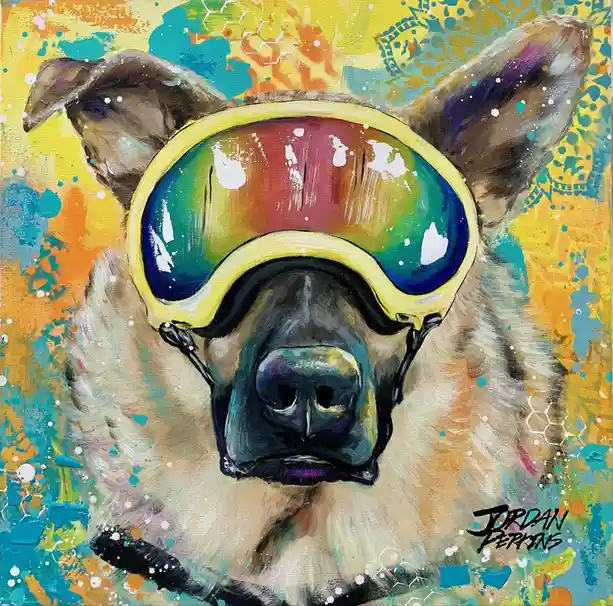 A colorful painting of a dog's face wearing large, yellow-framed ski goggles with a rainbow-tinted lens, set against a…