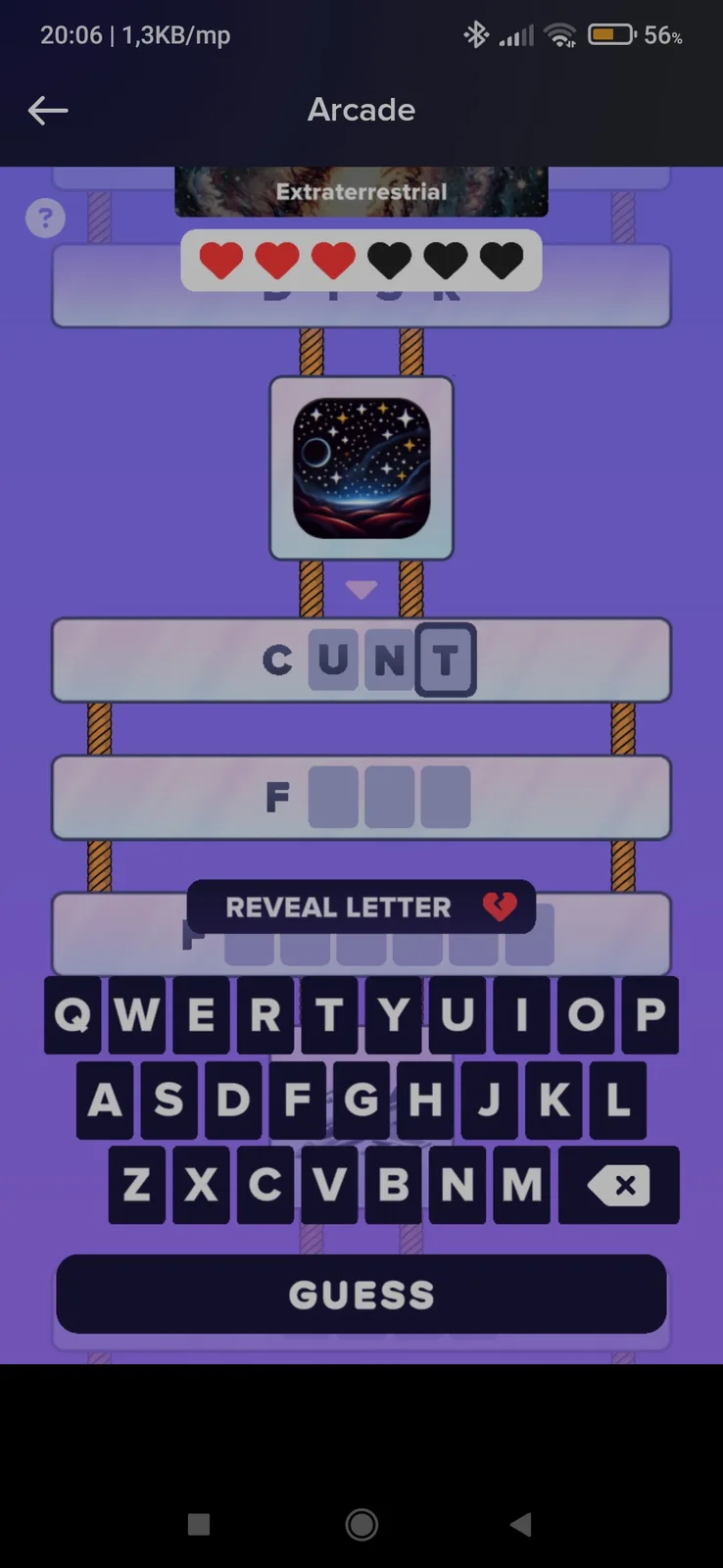 A screenshot of a mobile word guessing game shows a partially filled word 'CUNT' with three red hearts and three black…