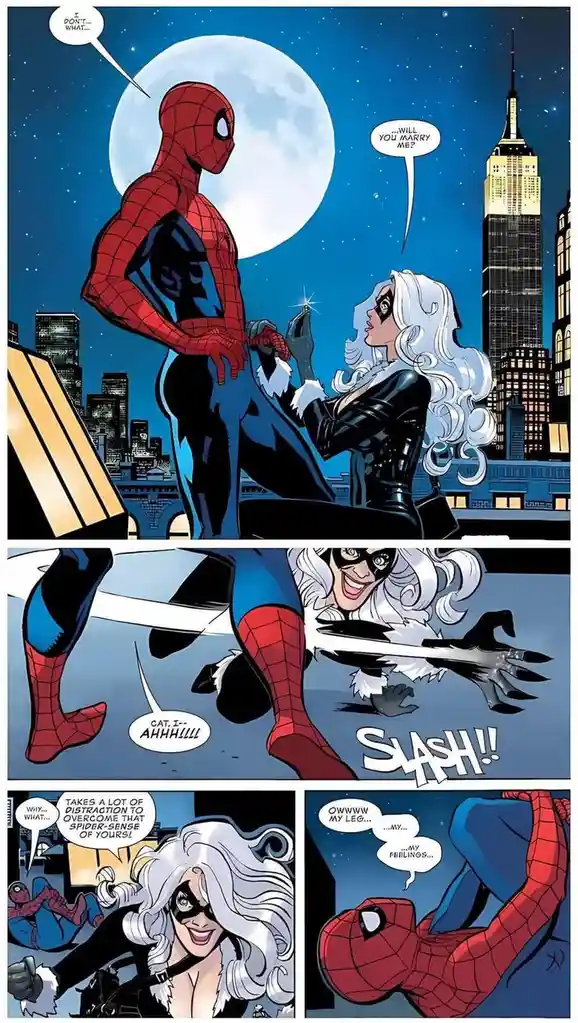 A comic panel shows Spider-Man and Black Cat on a rooftop under a full moon. Black Cat asks him to marry her, but he's…