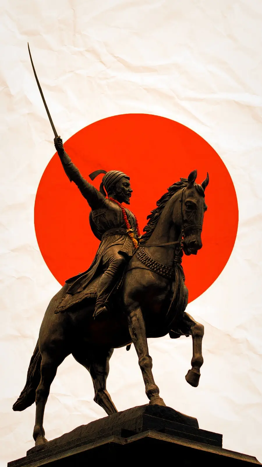 a bronze statue of a man on horseback holding a sword aloft is superimposed over the red circle and white background of the…