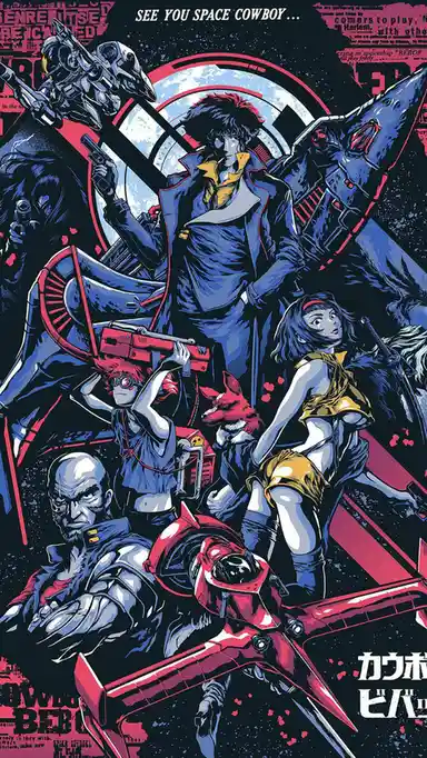 A stylized anime poster featuring the crew of the spaceship Bebop, including Spike Spiegel in a blue coat holding a gun, Jet…