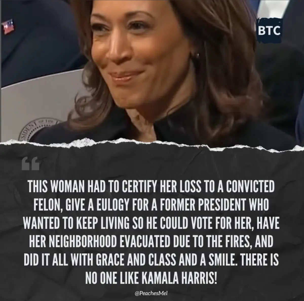 A close-up image of Kamala Harris smiling while seated, with a torn-paper overlay containing a text block that praises her…