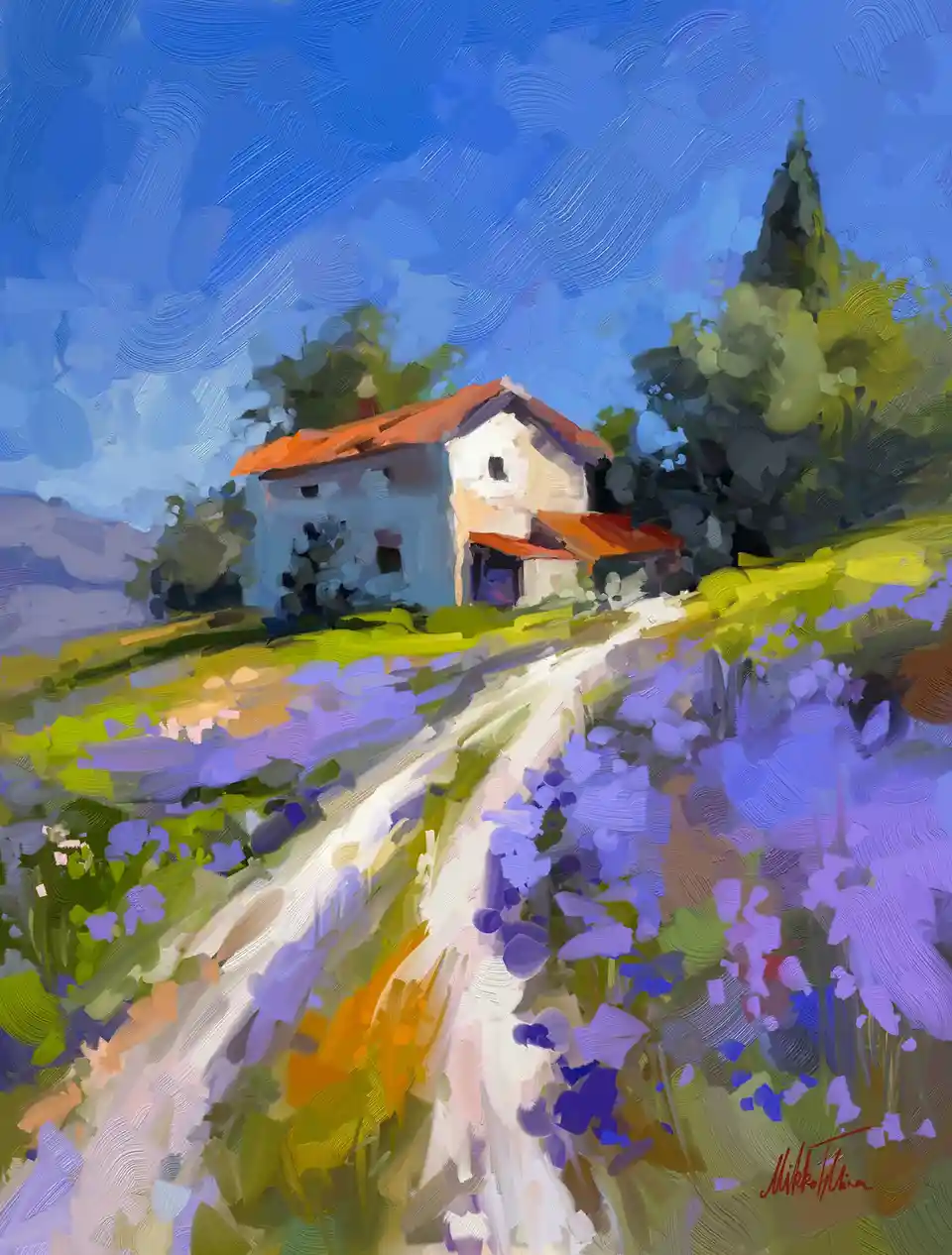 A vibrant, impressionistic painting depicts a sunlit rural scene with a white house featuring a red-tiled roof nestled among…