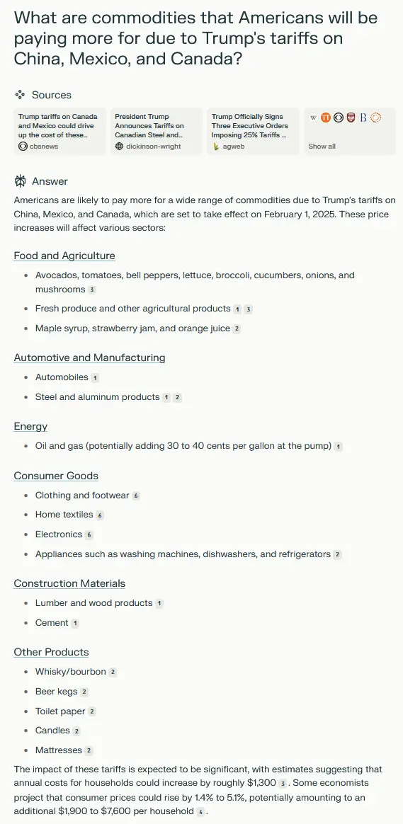 A screenshot of a webpage listing commodities Americans will pay more for due to Trump's tariffs on China, Mexico, and…