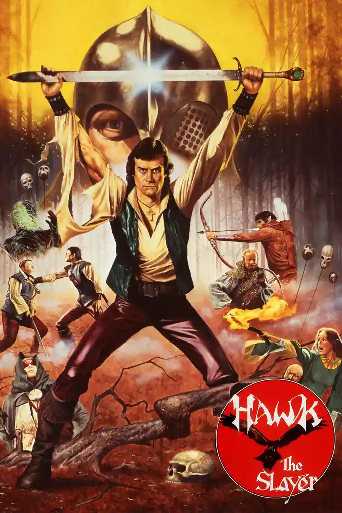 A movie poster for 'Hawk the Slayer' depicts a central male warrior in a green vest and red pants, holding a sword aloft…