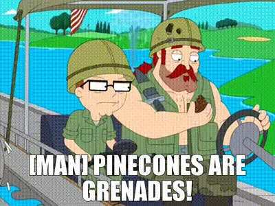 A six-panel meme strip from Family Guy shows a man in a boat yelling 'Pinecones are grenades!' while holding a pinecone. The…