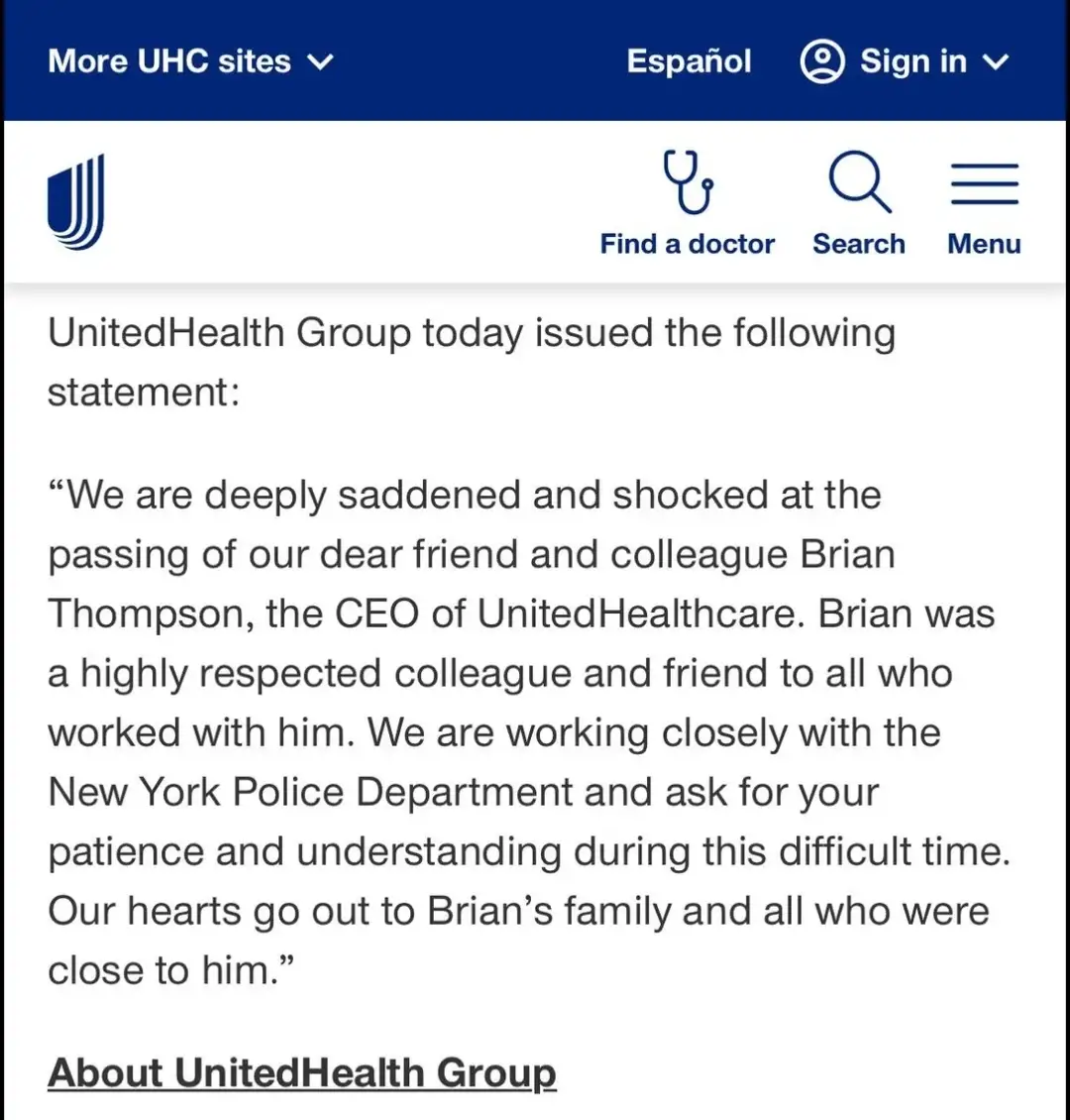 A screenshot of a UnitedHealthcare corporate webpage displaying an official statement announcing the death of Brian…