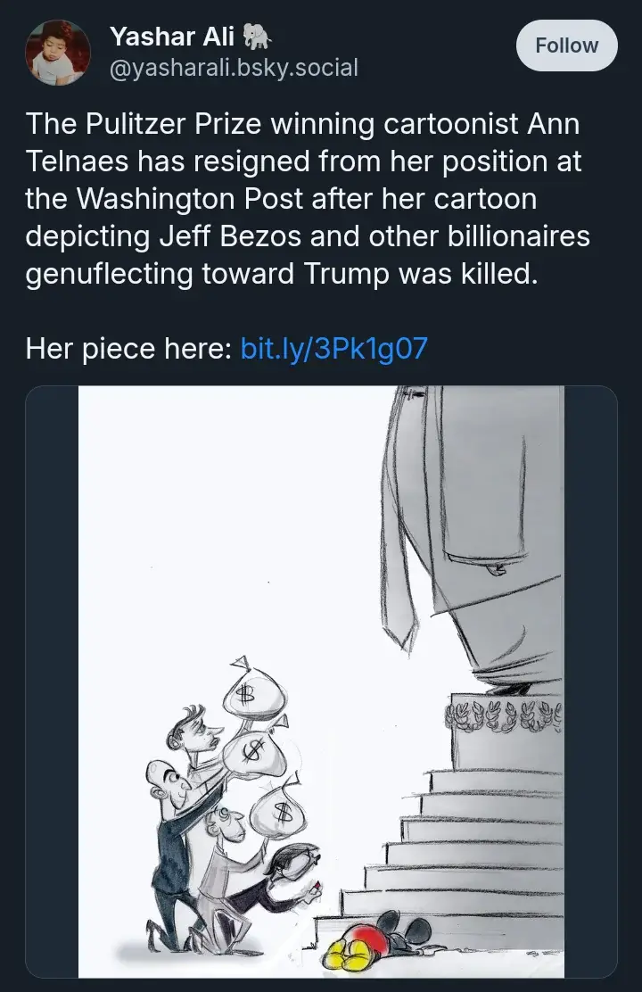 A black-and-white political cartoon shows several billionaires kneeling and carrying money bags toward a giant statue of…