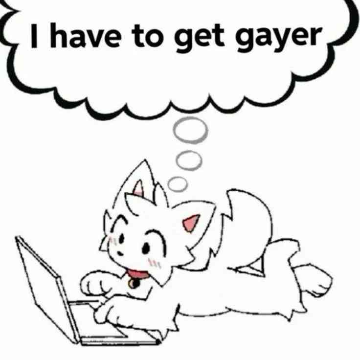 A cartoon white fox with pink inner ears and a collar is lying on its stomach, using a laptop. Above its head is a thought…