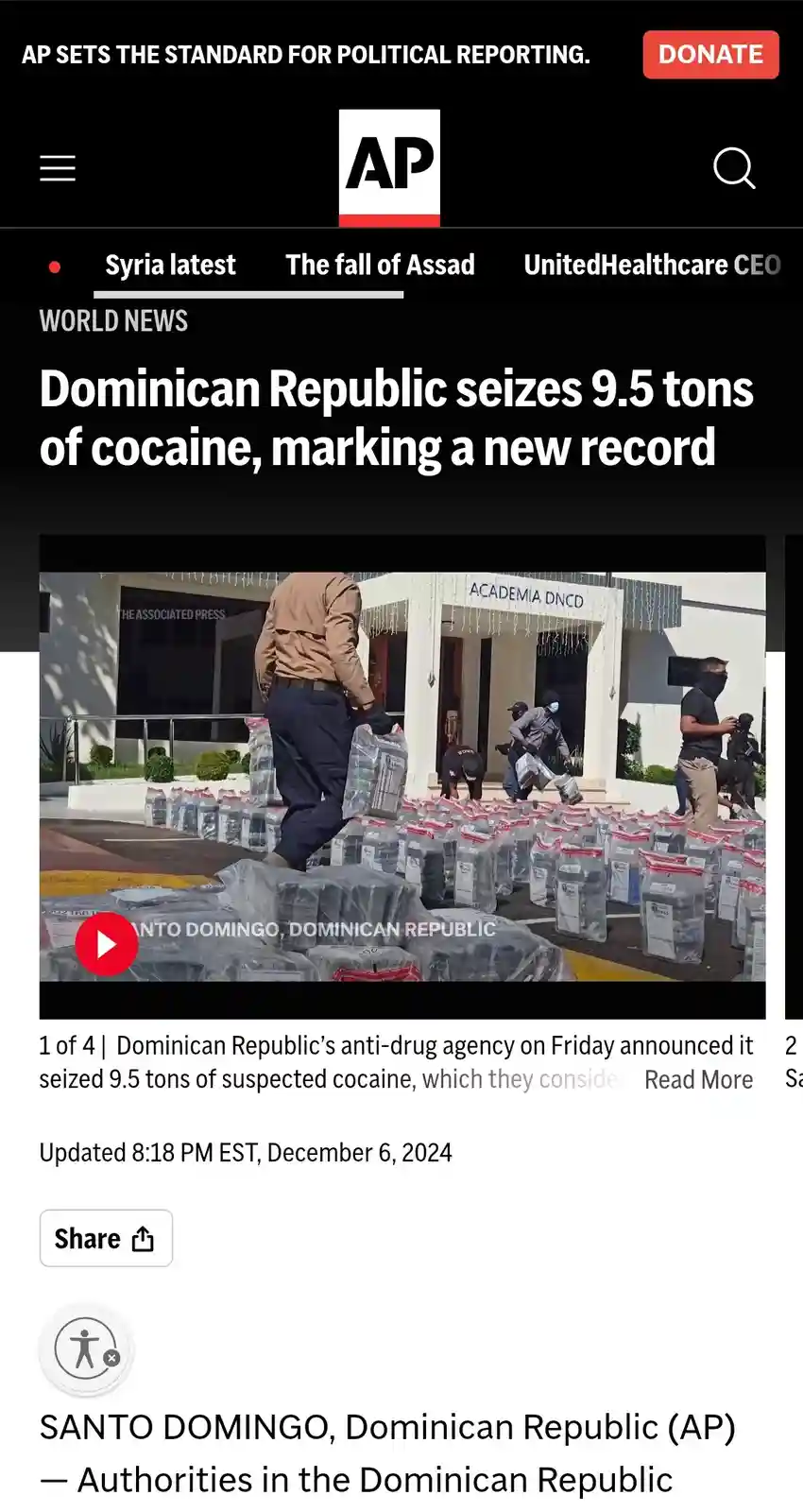 A screenshot of an Associated Press news article shows a video thumbnail of law enforcement officers handling numerous…