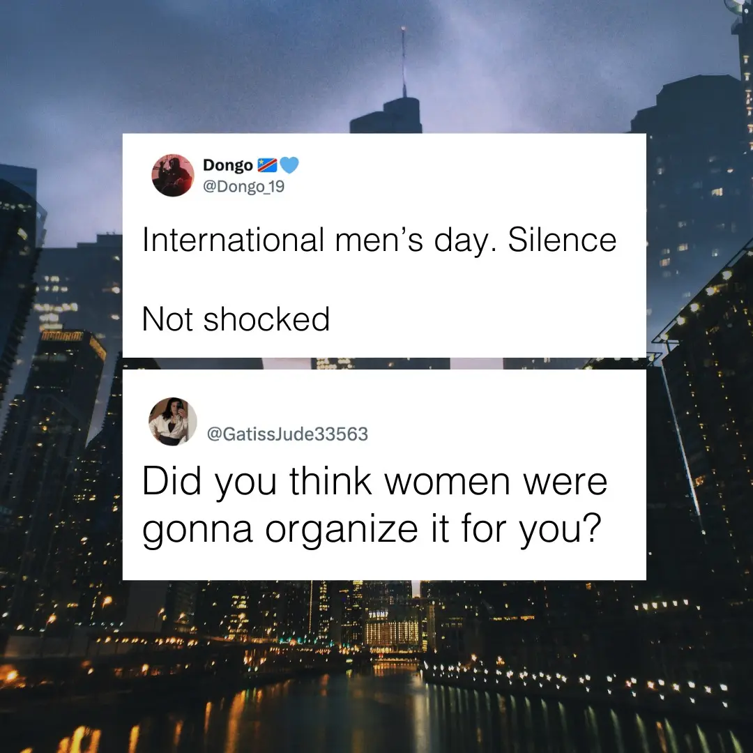 Two tweets are overlaid on a nighttime cityscape photo with a river. The top tweet from user 'Dongo' reads 'International…