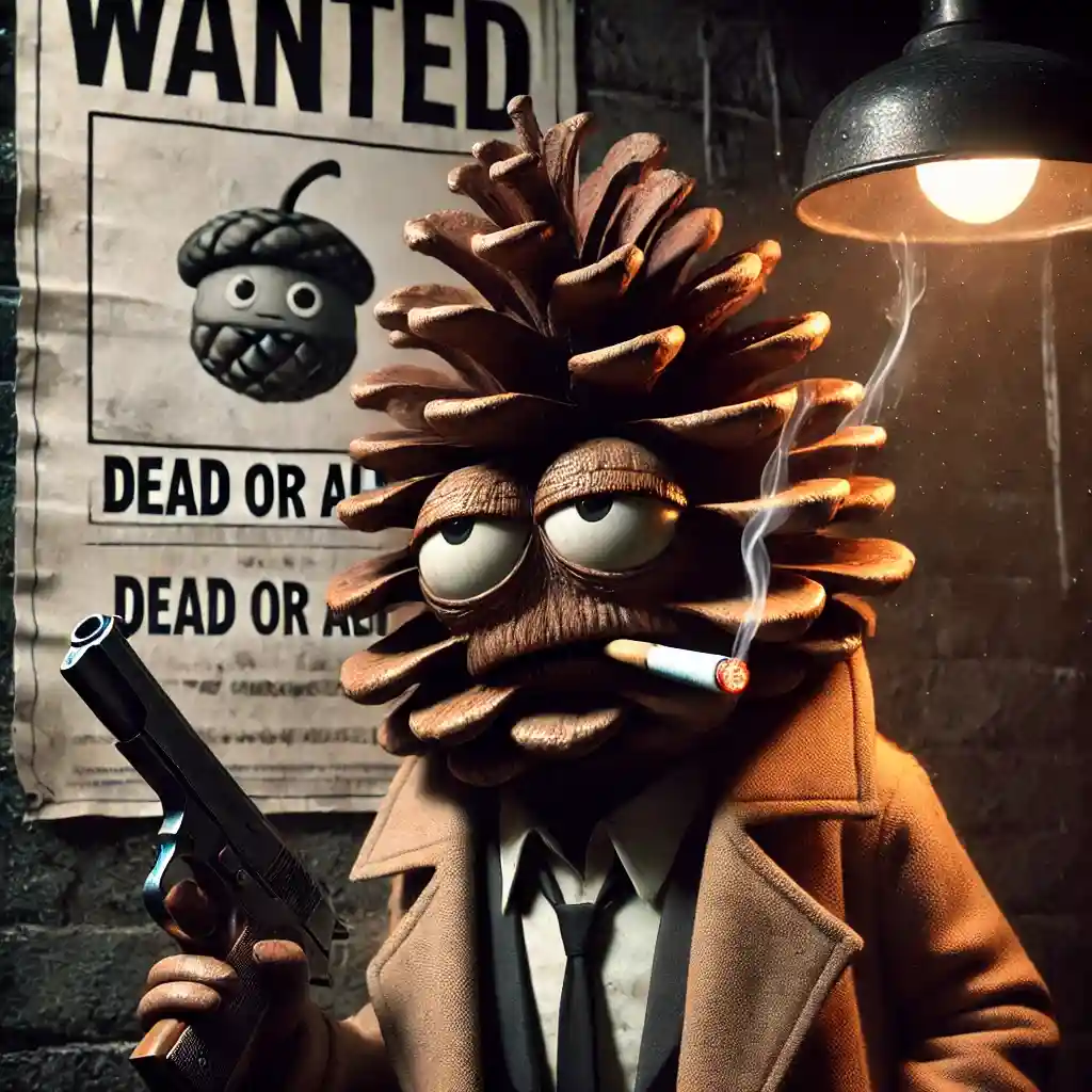 A cartoonish pinecone character with large eyes, wearing a brown trench coat and tie, smokes a cigarette while holding a…
