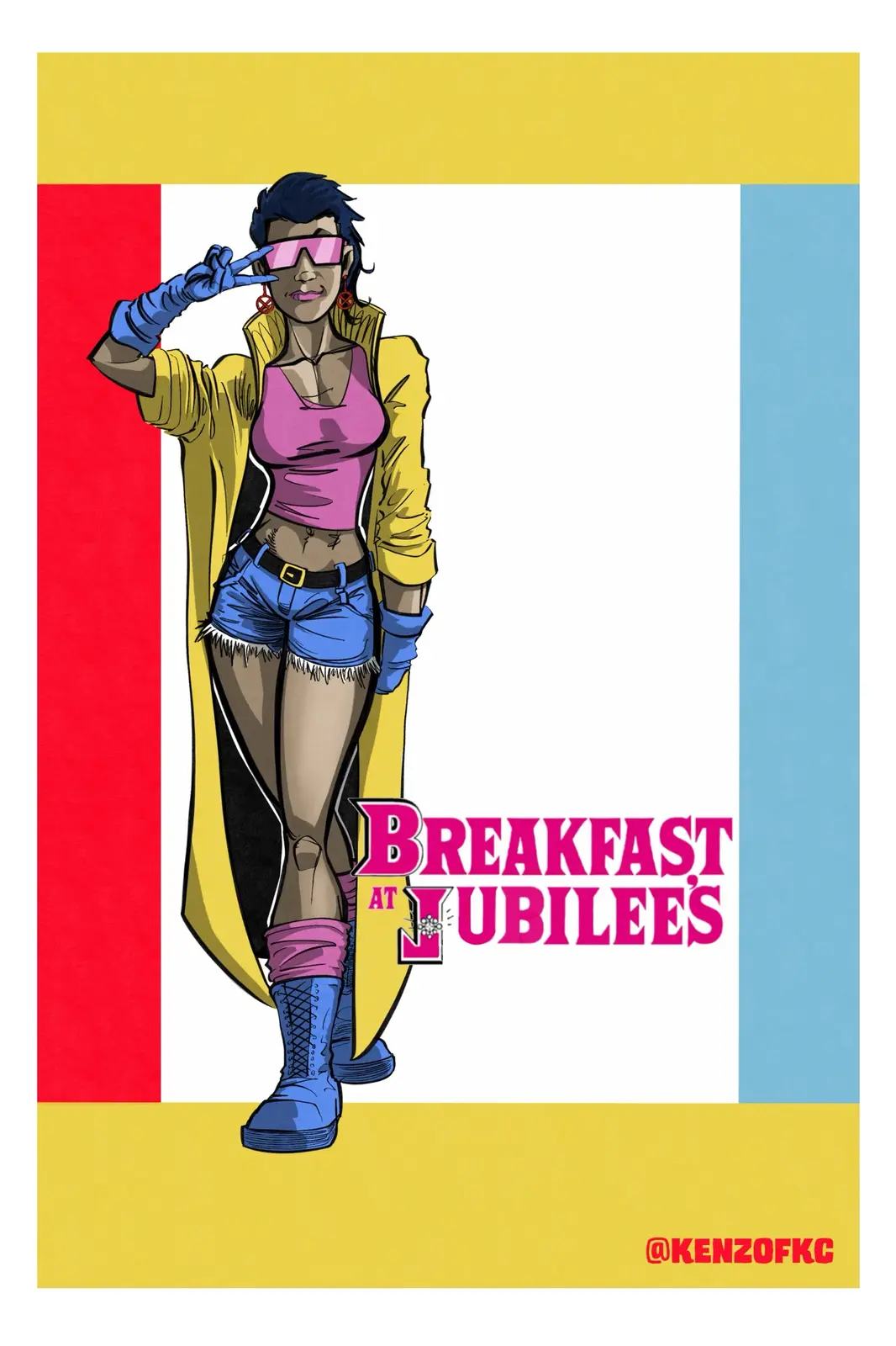 A stylized illustration of a woman with short dark hair, pink sunglasses, and blue gloves making a peace sign. She wears a…