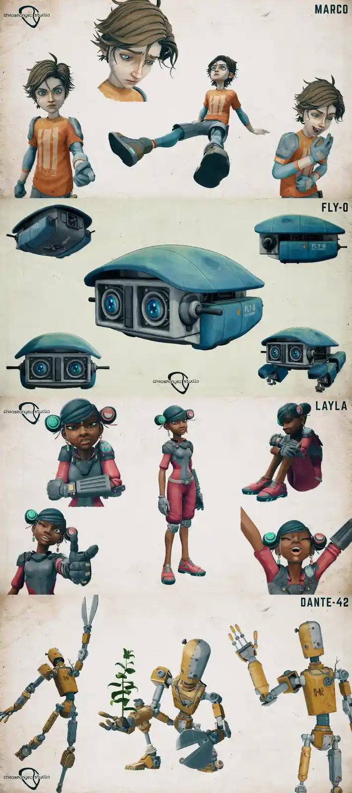 This image is a character design sheet from 'chaosmonger studio' showing three distinct characters: Marco, a young boy with…