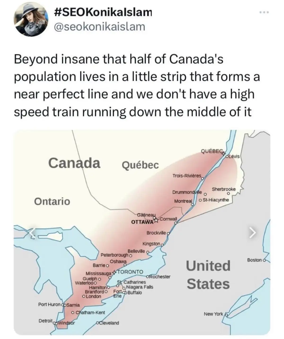 A map of Canada and the United States highlights a narrow, elongated red region stretching from the U.S. border through…