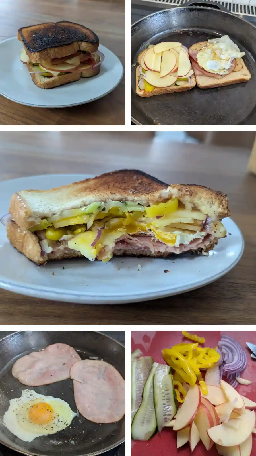 A collage of five images showing the preparation and result of a sandwich with apple slices, ham, fried egg, pickles, and…