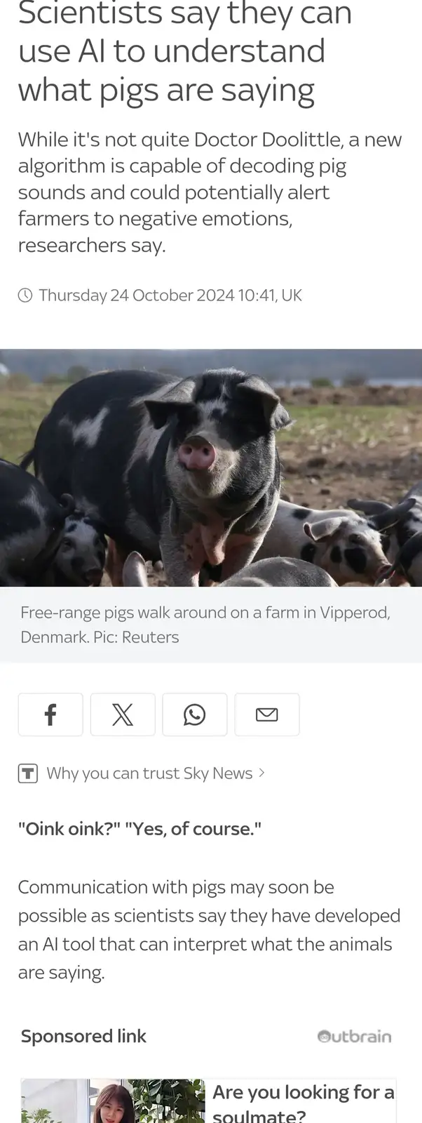 A screenshot of a news article about AI decoding pig sounds, featuring a photo of several black-and-white pigs in a field…