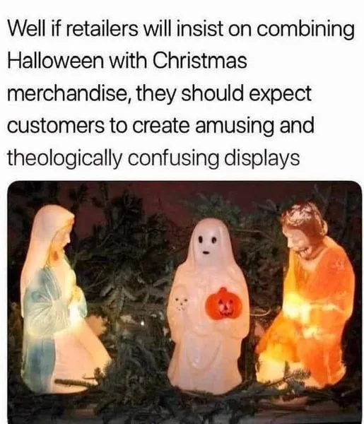 The image shows three illuminated plastic figurines arranged outdoors at night: a figure resembling the Virgin Mary in blue…