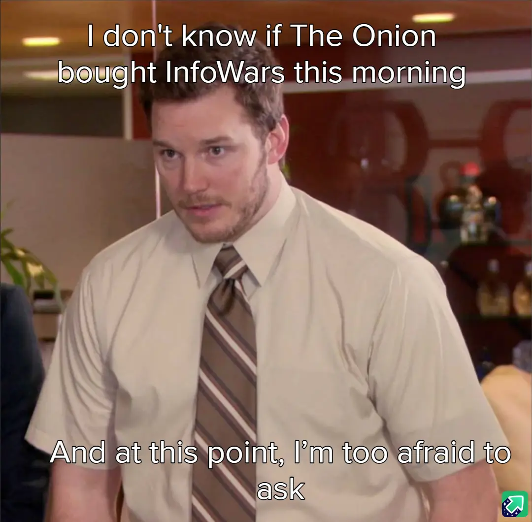 A man in a beige shirt and striped tie looks concerned and confused, with overlaid text reading 'I don't know if The Onion…