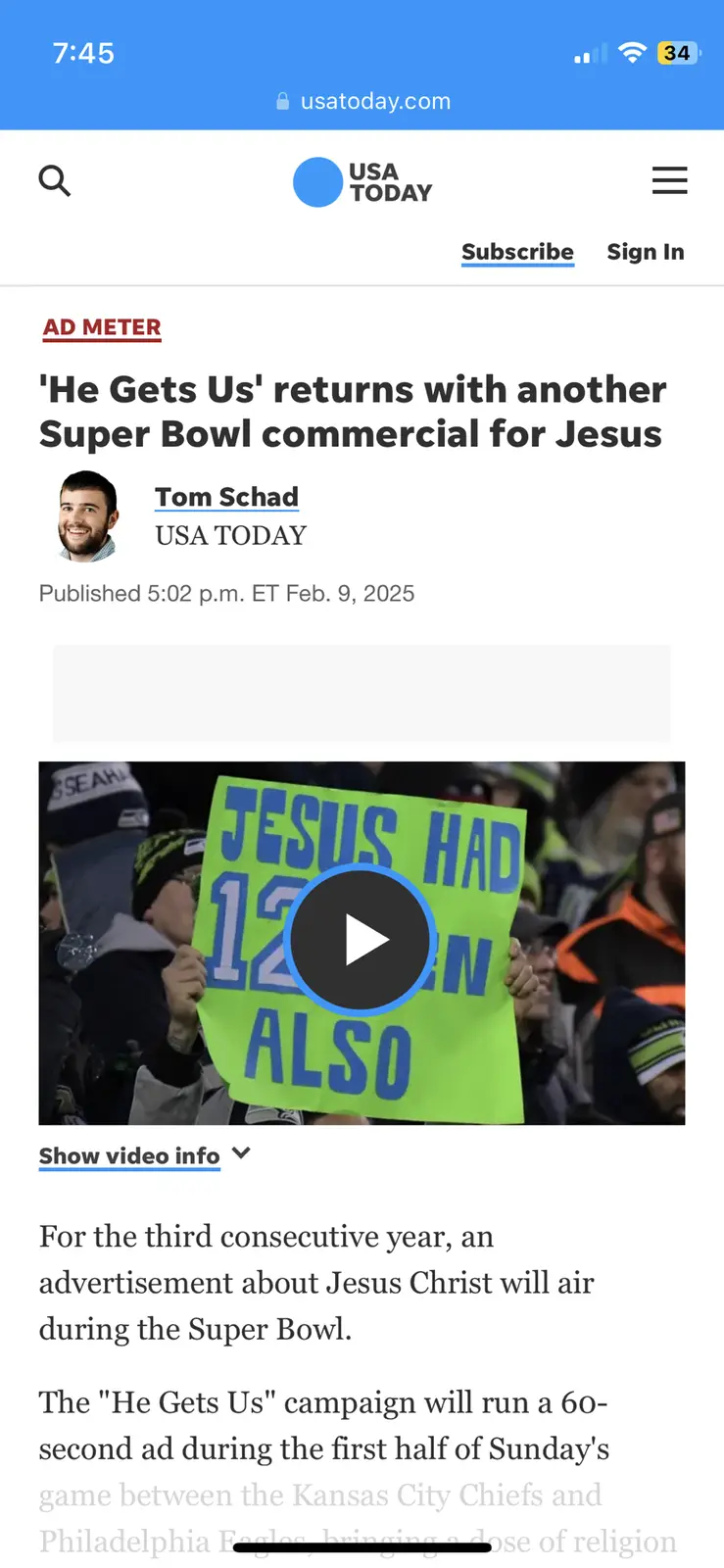 A screenshot of a USA TODAY article about a Super Bowl ad for 'He Gets Us' shows a video thumbnail with a bright green sign…