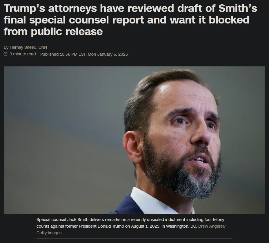 A screenshot of a CNN news article featuring a close-up photo of Special Counsel Jack Smith looking upward with a surprised…