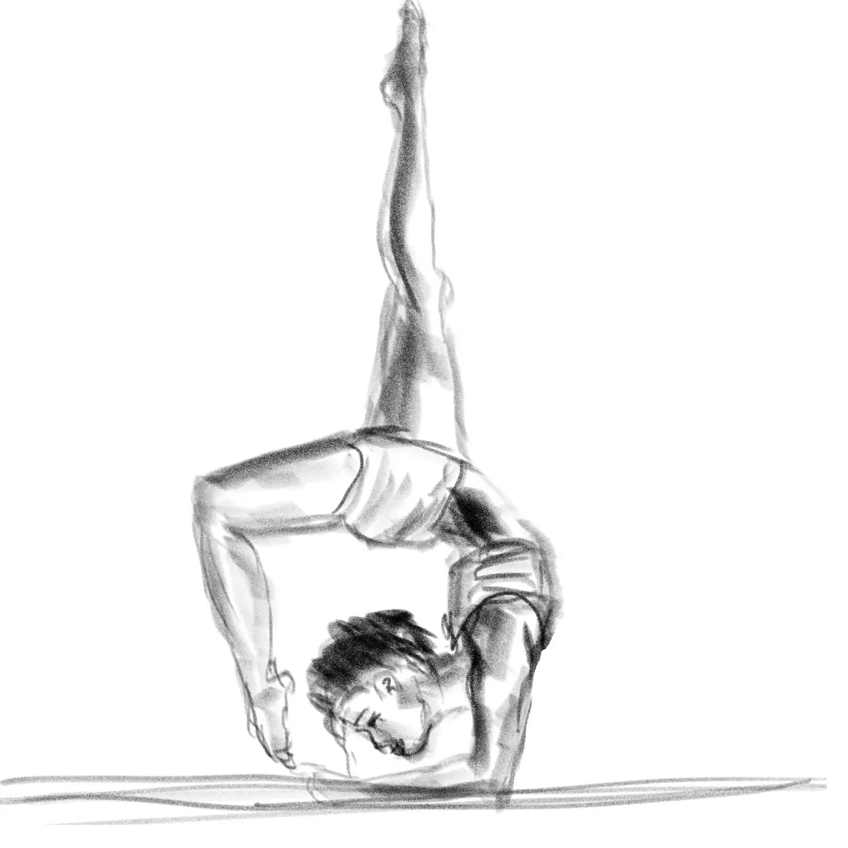 A black-and-white sketch shows a person performing a handstand with their legs split and one leg extended upward, appearing…