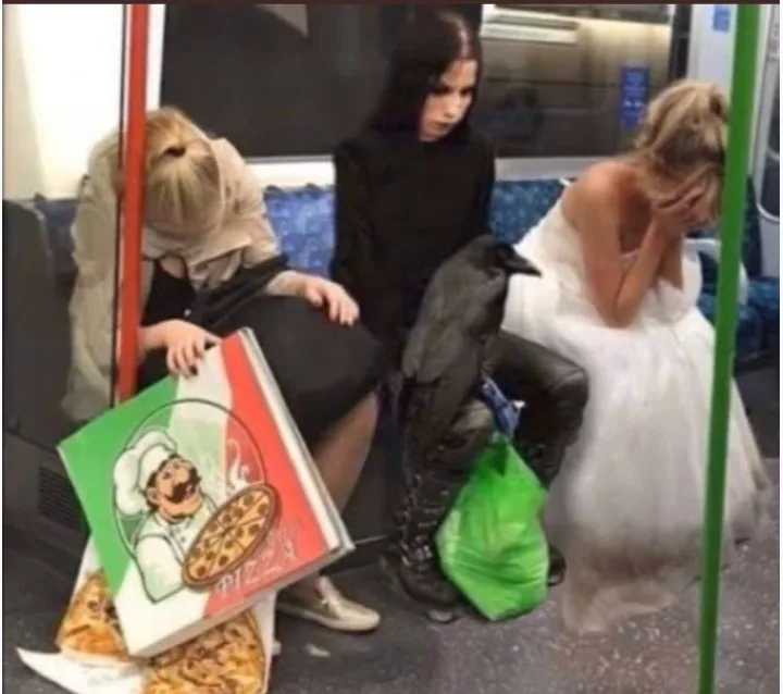 Three women sit on a subway bench; one with a pizza box and half-eaten pizza, one in a black outfit with a crow perched on…