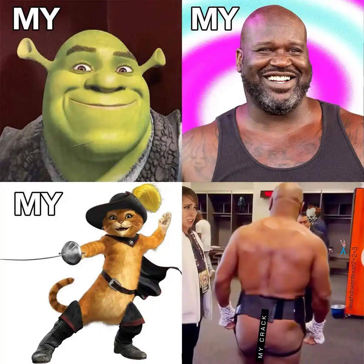 A four-panel meme grid with the word 'MY' overlaid on each panel. Top-left: Shrek smiling. Top-right: Shaquille O'Neal…