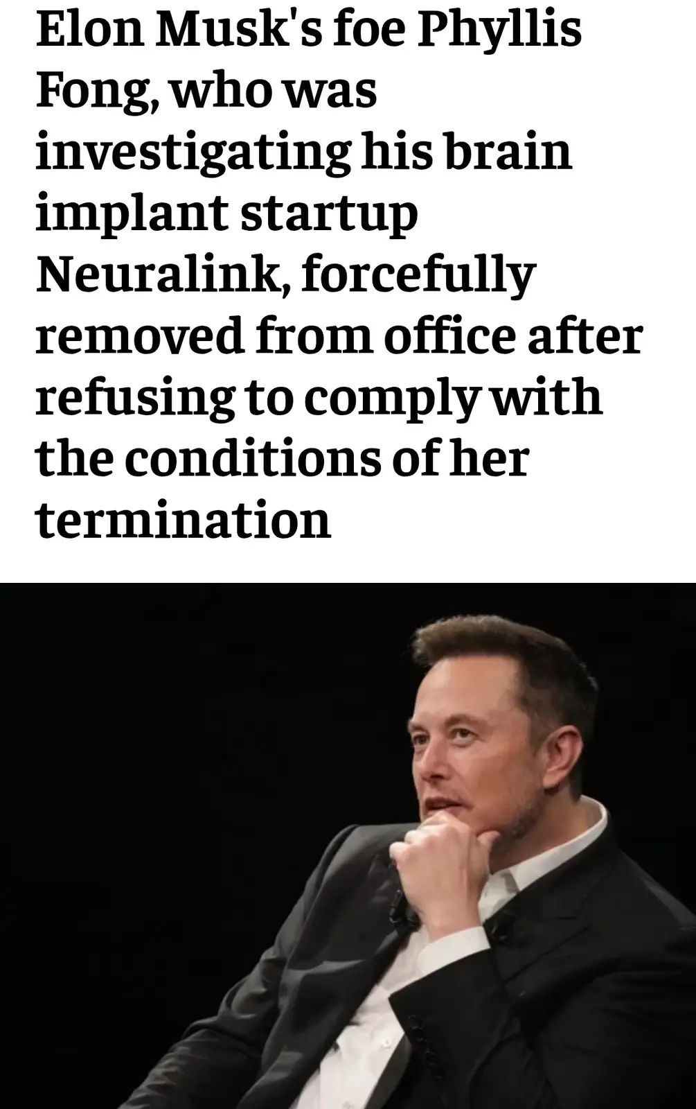 The image shows Elon Musk in a black suit with his hand on his chin, looking thoughtful against a dark background. Overlaid…