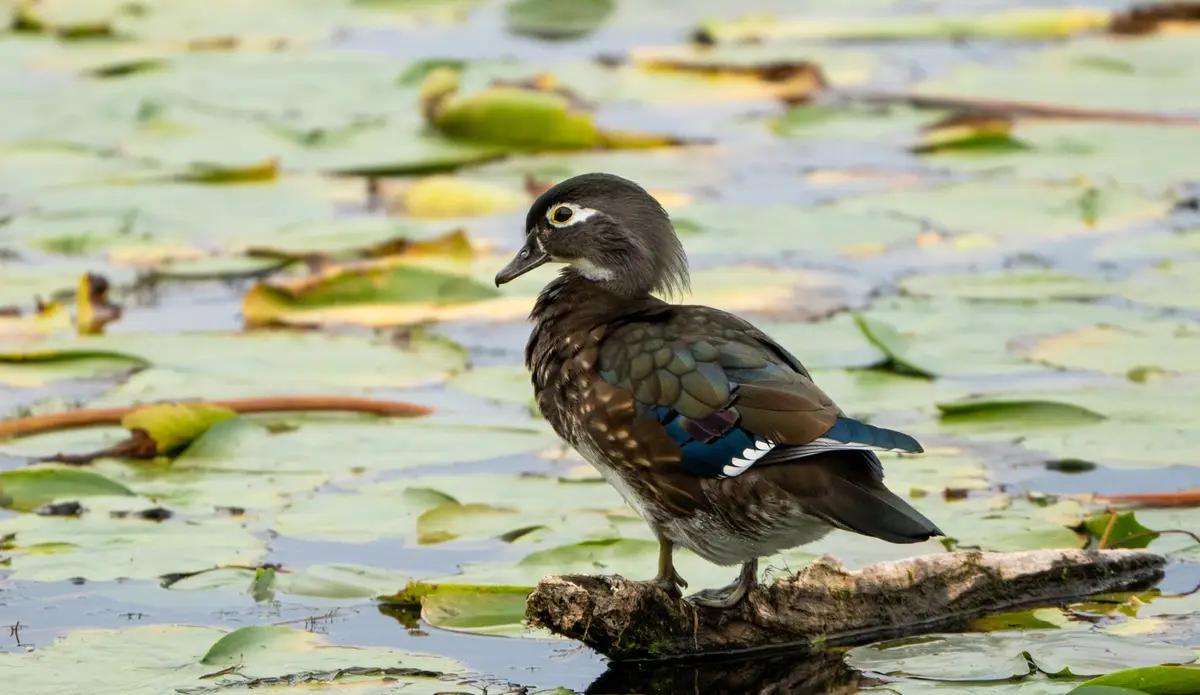 A female wood duck stands on a mossy log in a pond filled with lily pads, its brown and iridescent feathers visible. The…