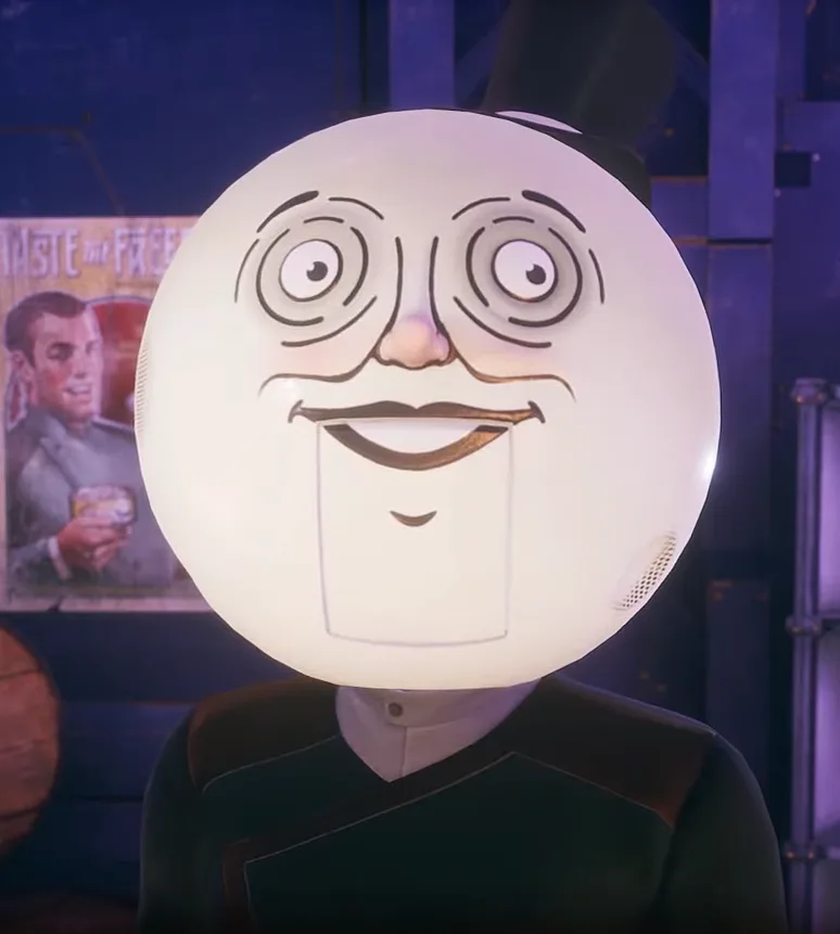 A character from a video game, wearing a large, round, white lamp-like head with a cartoonish face drawn on it, featuring…