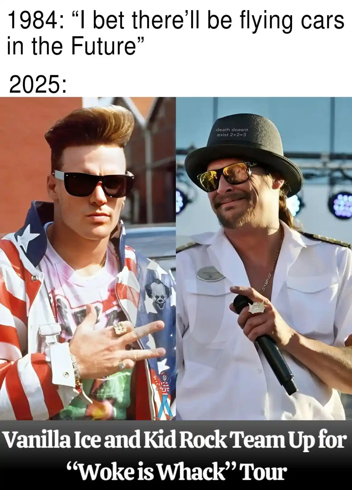 The image is a split-screen meme. The left panel shows Vanilla Ice in 1984, wearing an American flag jacket and sunglasses…