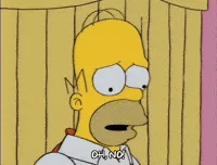 The image shows six frames of Homer Simpson from The Simpsons, starting with him looking shocked, then progressively…