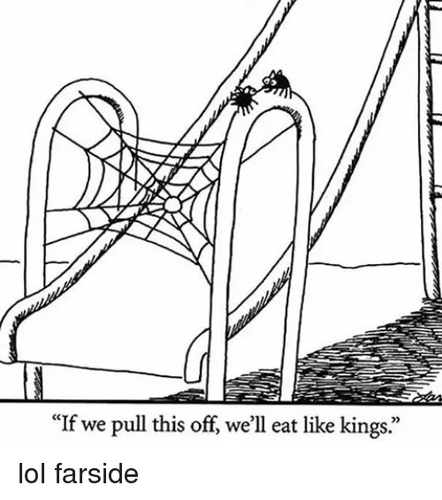 A black-and-white cartoon depicts two spiders perched atop the arches of a playground slide, which is covered in a large…