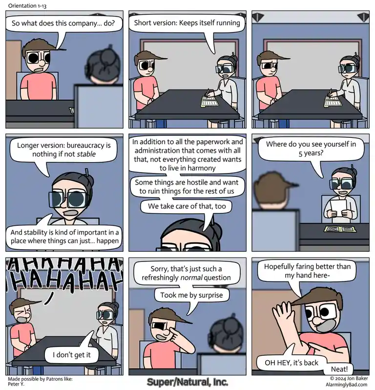 A six-panel comic strip depicts a corporate orientation where an employee asks what the company does. The HR rep explains…