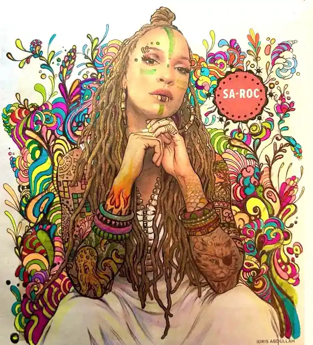 A colorful, psychedelic illustration of a woman with long dreadlocks, face paint, and tattoos, surrounded by swirling…