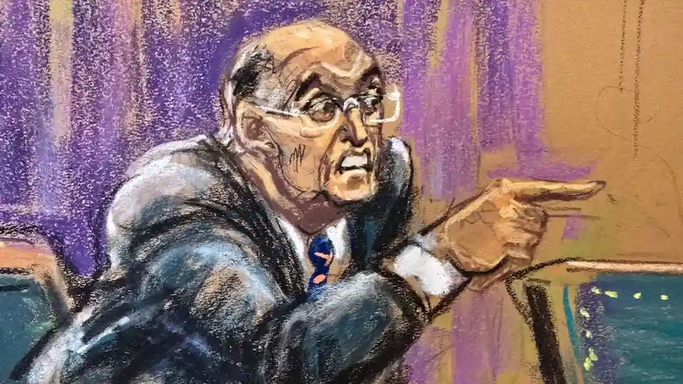 a courtroom sketch depicts an older, balding man with glasses, wearing a suit and tie, pointing angrily to his right with a…