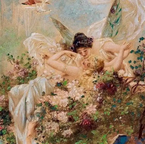 A classical painting depicts a winged fairy gently leaning over a sleeping woman amidst flowers and foliage. The fairy has a…