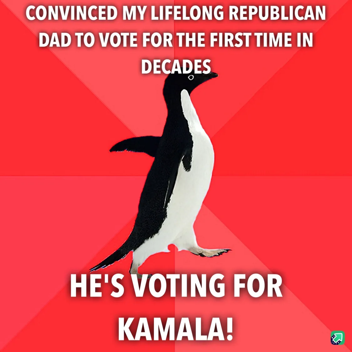 A black-and-white penguin stands against a red background with diagonal stripes. White text at the top reads 'CONVINCED MY…