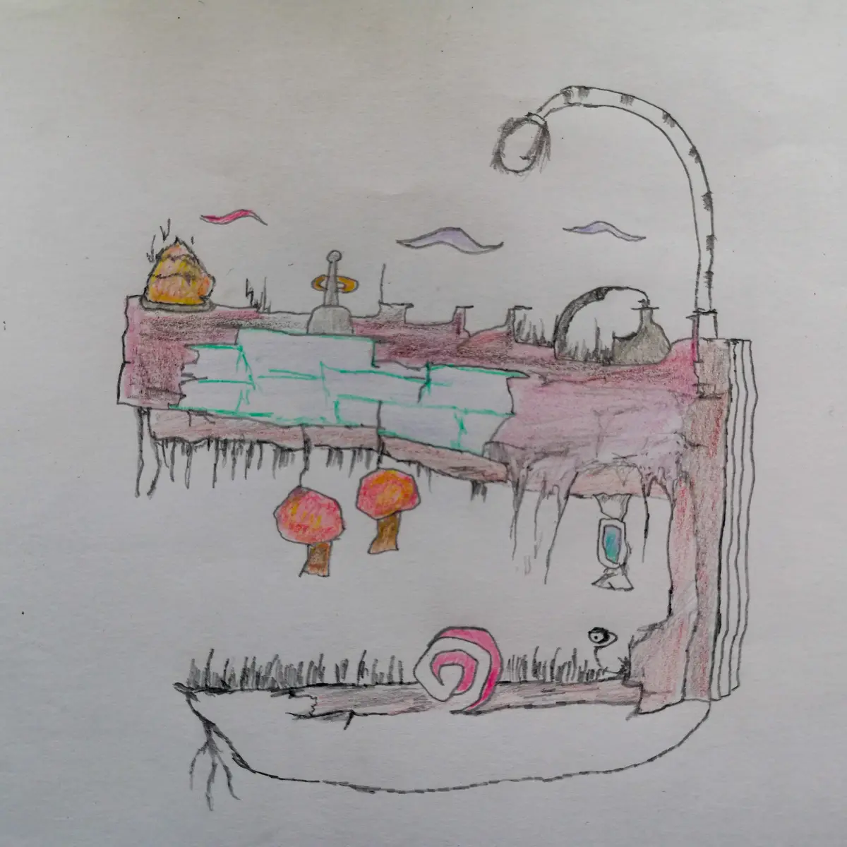 A child's crayon drawing depicts a whimsical, floating island landscape with pink and purple hues, featuring mushroom-like…